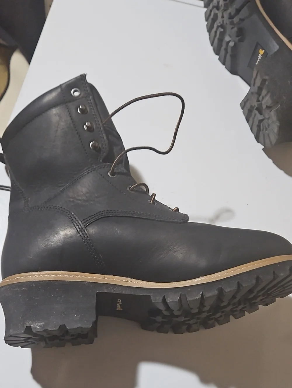 Black Lace-Up Work Boots with Tan Sole Carhartt Logger Boots Size 11 8in